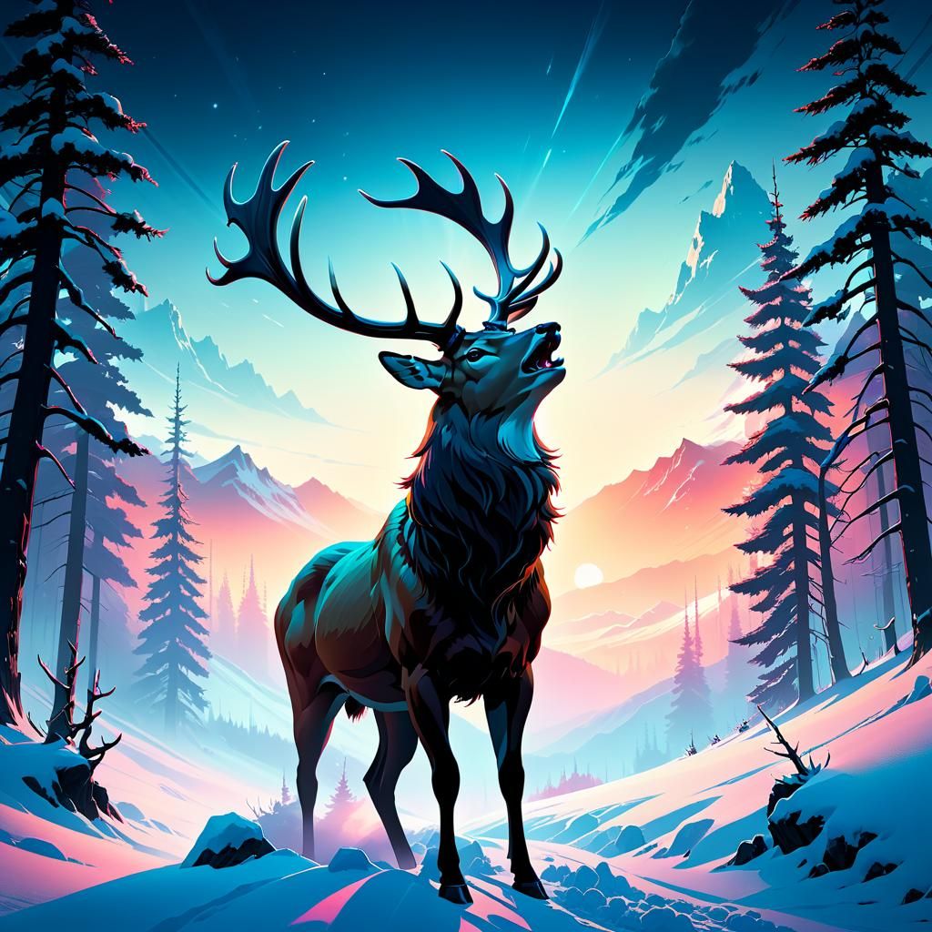 Stag Roaring in Winter Wilds: Surreal Silhouette