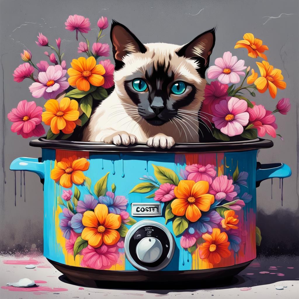 Cute Siamese cat in a floral crock pot