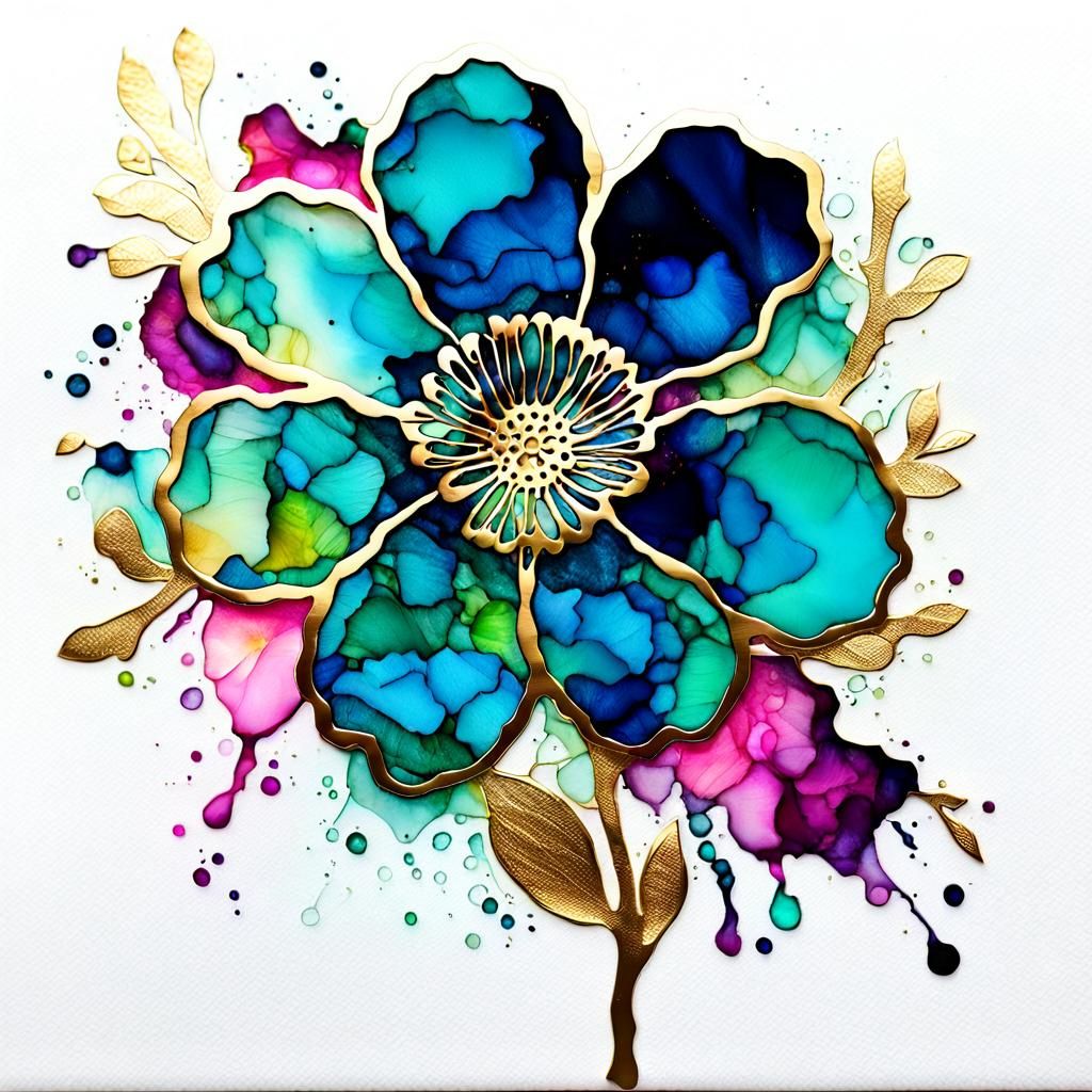 Alcohol Ink Flower with Gold Outlines