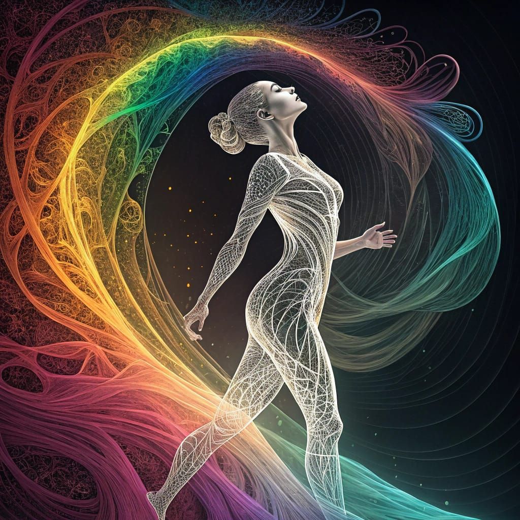 Abstract Wireframe Woman in Rainbow Vortex