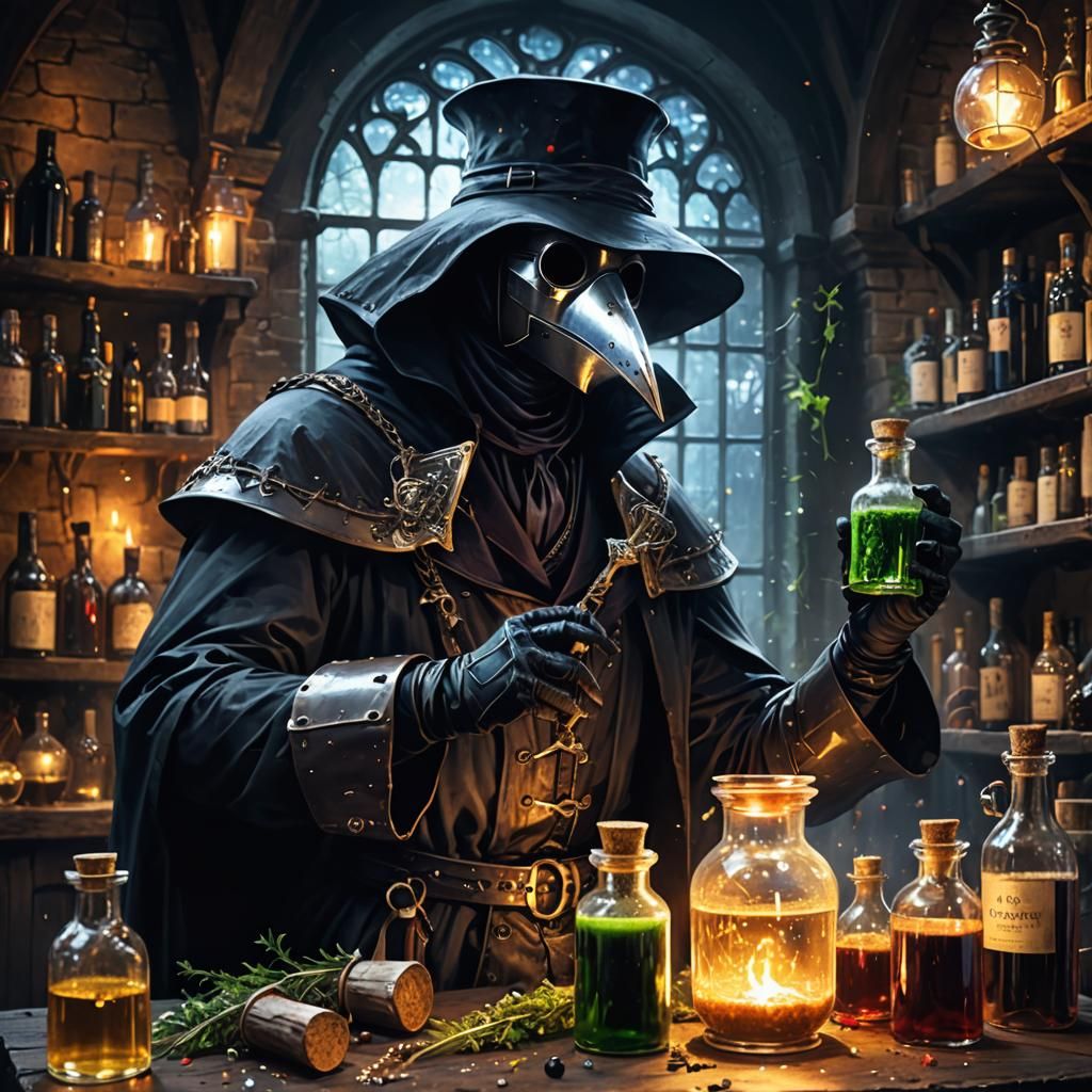 Medieval Plague Doctor Brewing Magic Potion