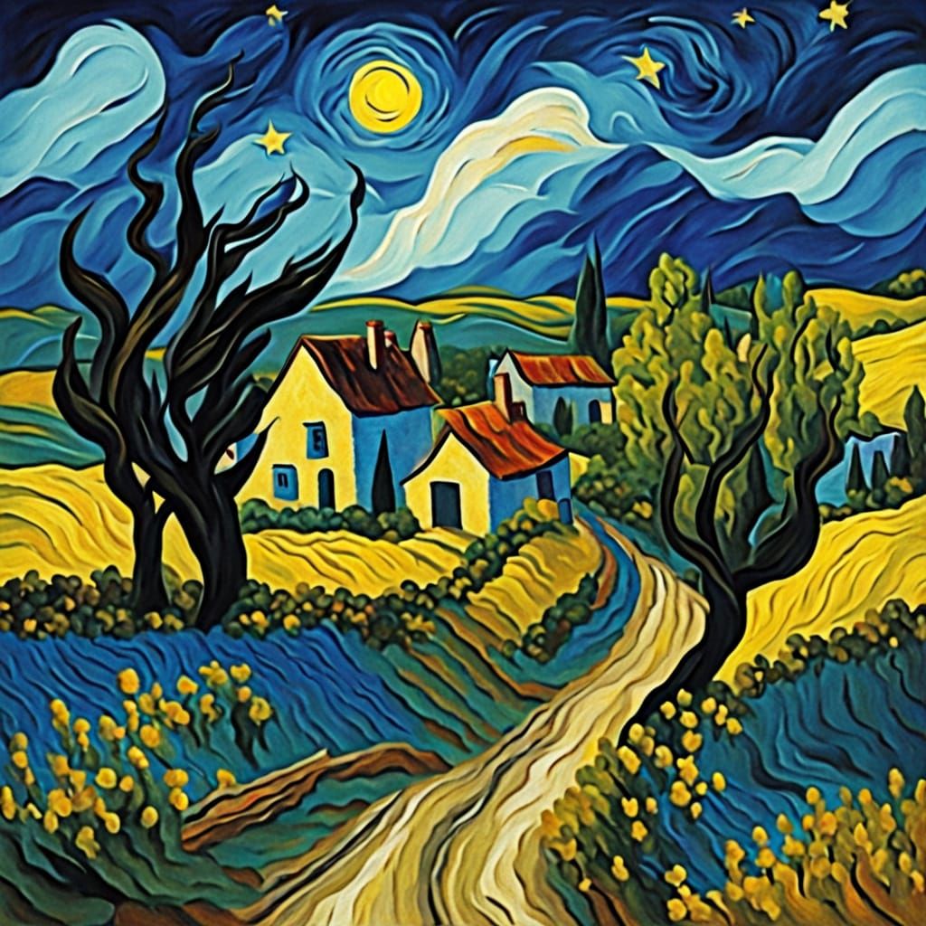 Van Gogh Style Village Landscape with Starry Sky