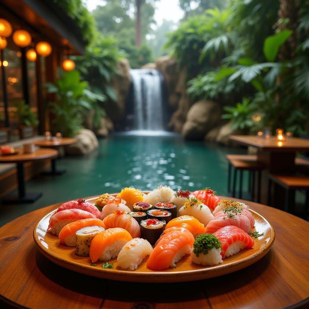 Colorful Sushi Platter with Waterfall Backdrop