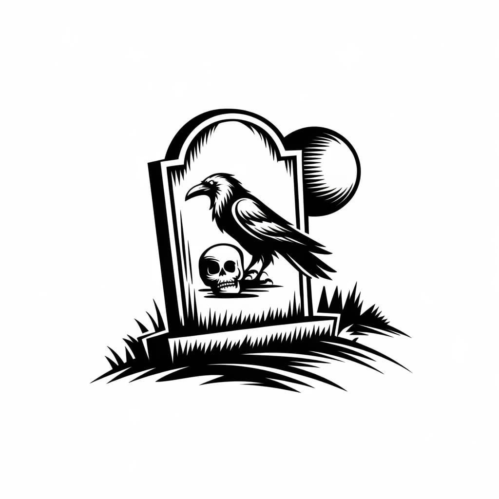 Vintage Crow and Gravestone Vector Logo