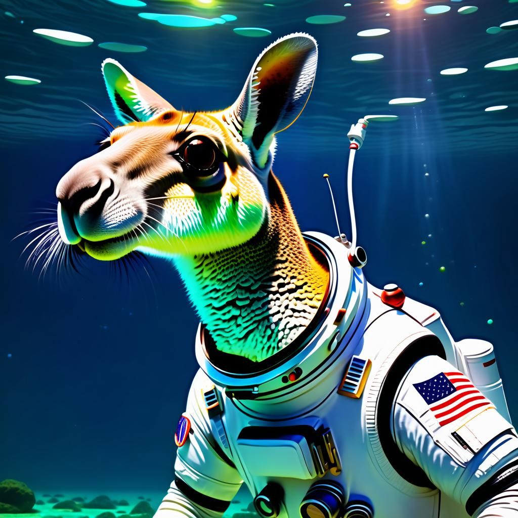 Charley the Kangaroo is a cyborg astronaut, floating underwa...