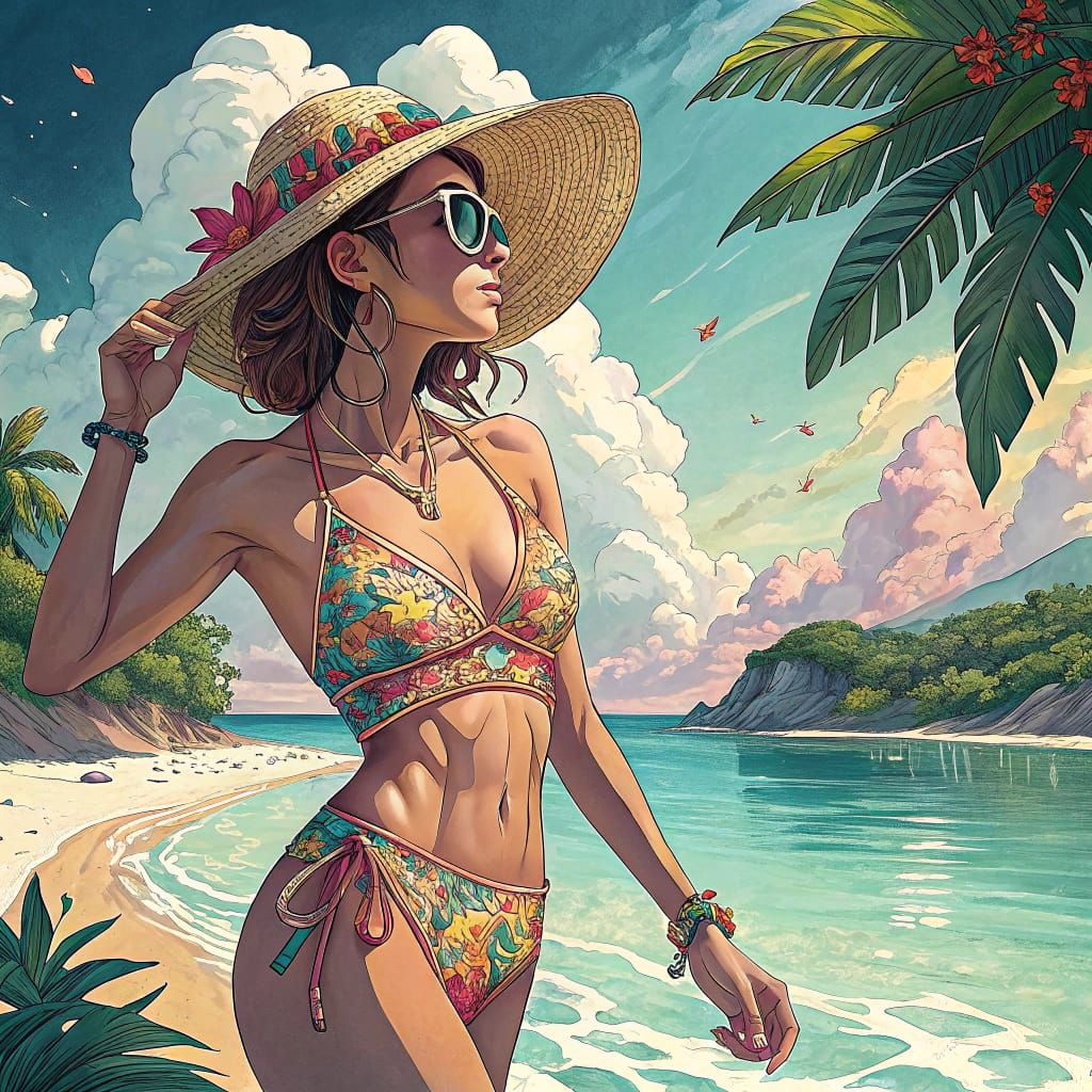 Woman in Bikini on Tropical Beach, Digital Art
