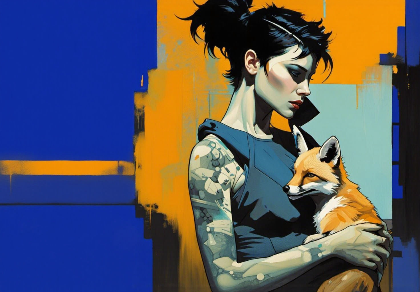 Punk Cyborg Woman with Fox: Cyberpunk Oil Painting
