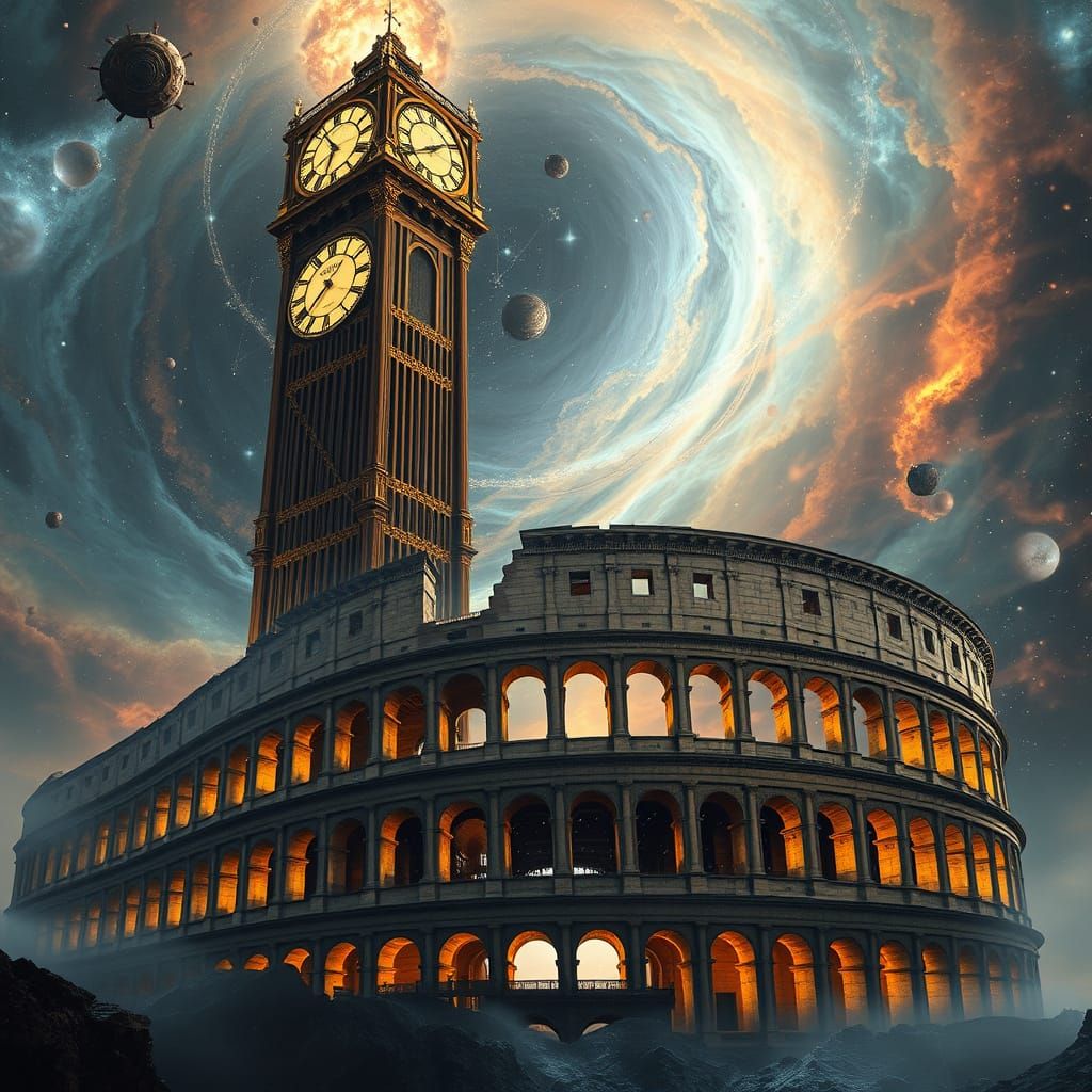 Clockpunk Tower Pierces Cosmic Nebula