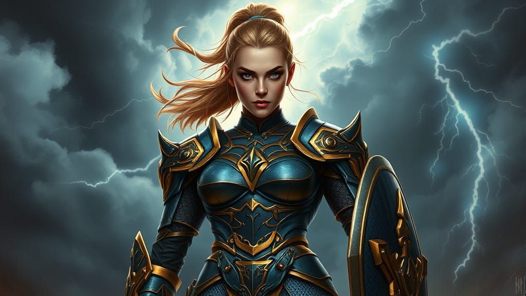 Cyberpunk Warrior Embodying Fierce Determination in Stormy L...