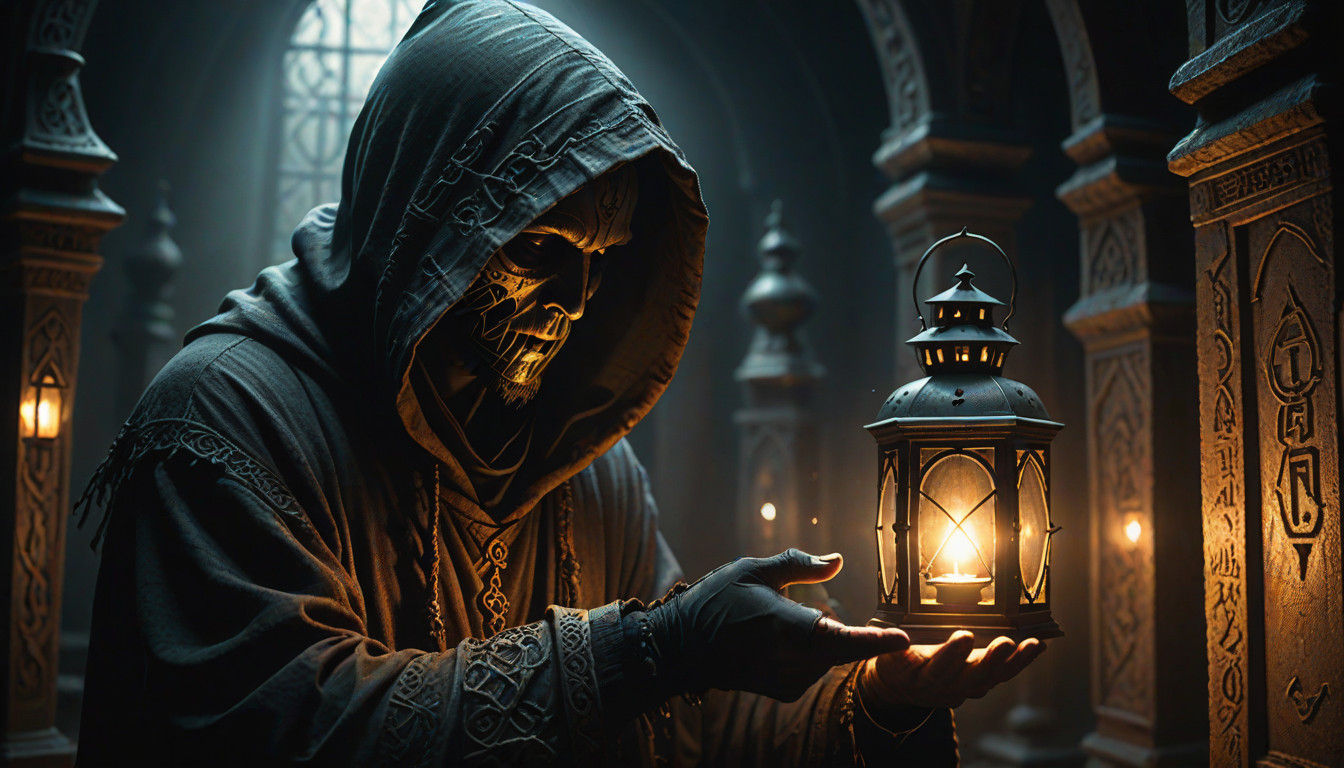 Mysterious Hooded Figure in Cryptic Chamber