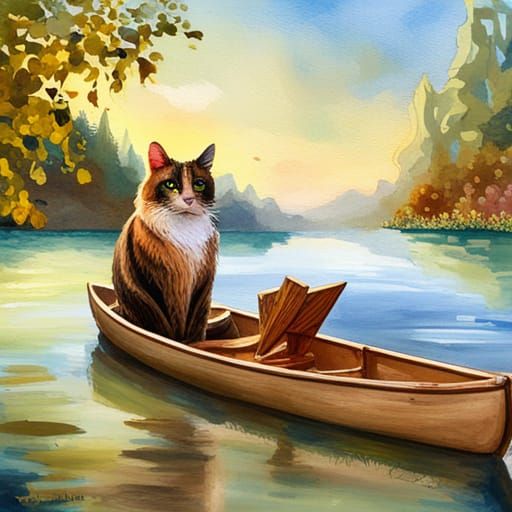 SDXL BETA: cat sitting in a canoe on a calm lake