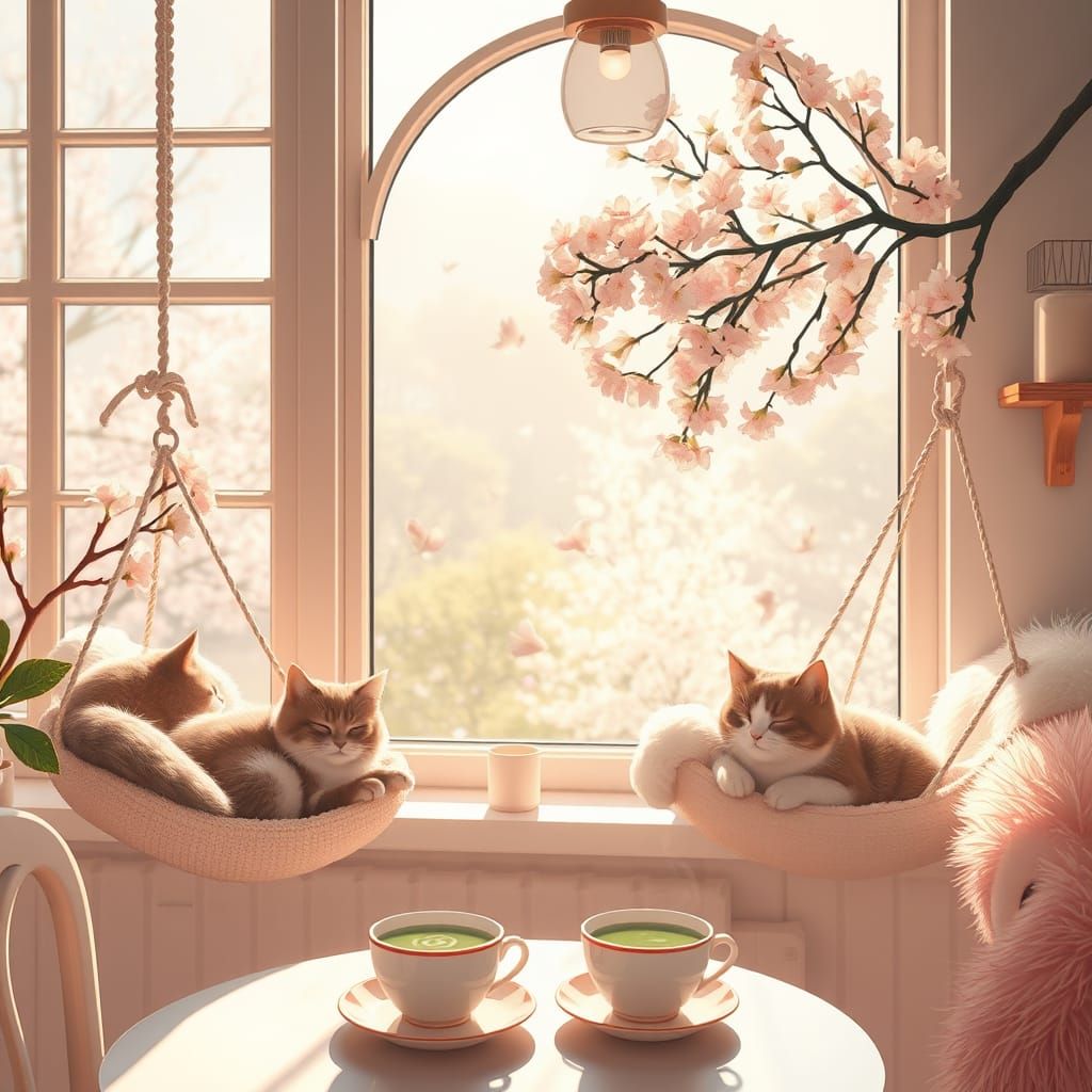 Sunlit Cat Café with Cherry Blossoms and Whimsical Decor