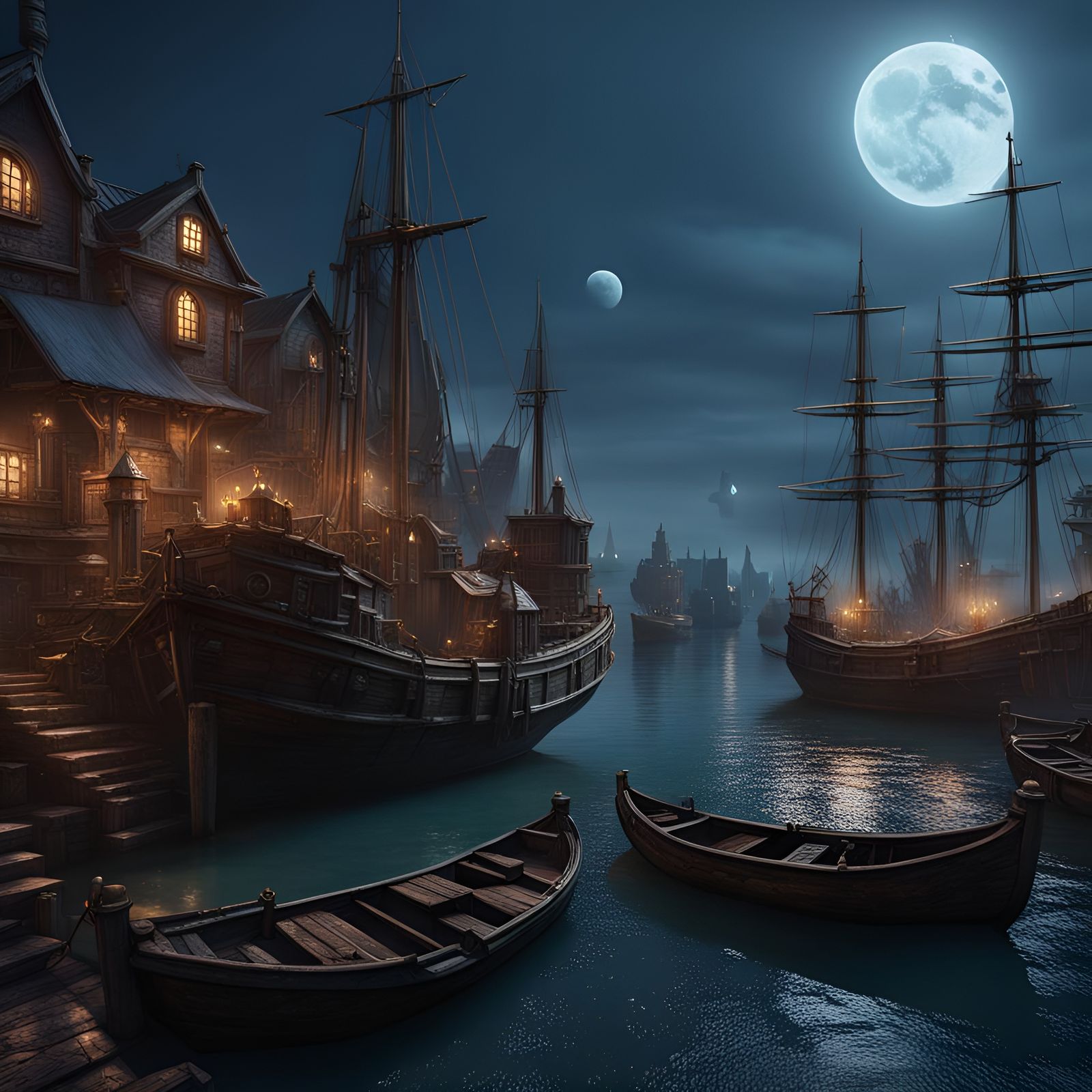 Fantastical Harbour Moonlit Painting