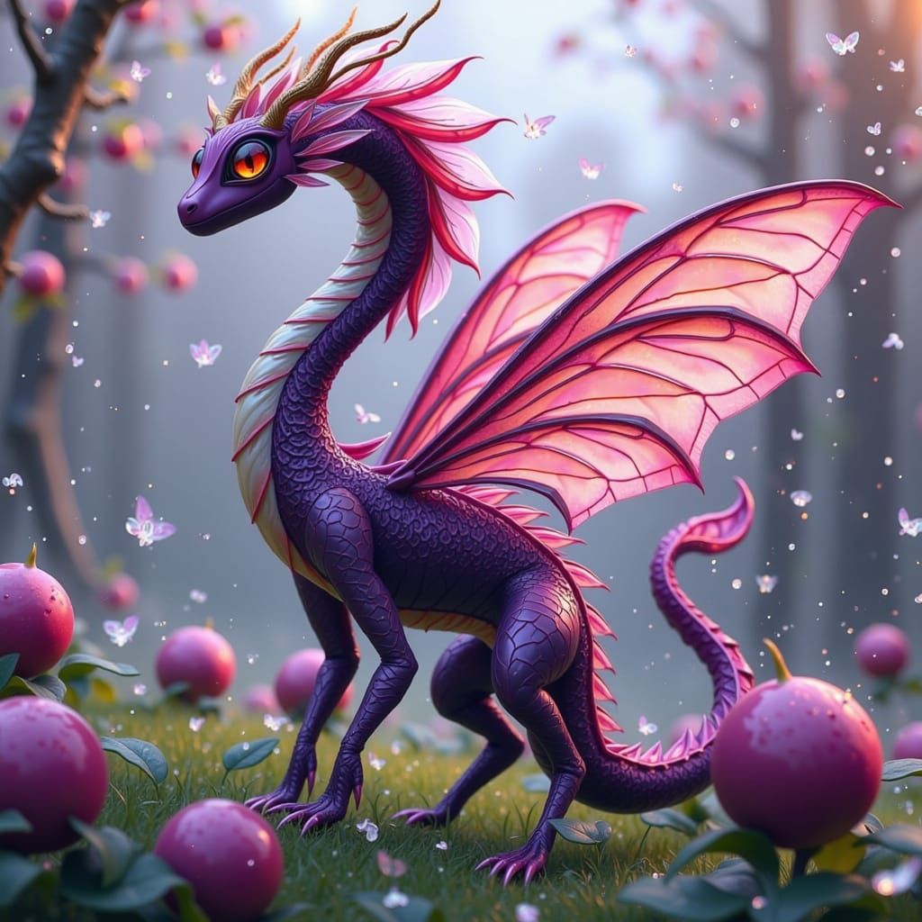 Vibrant Plum-Dragon Hybrid in Whimsical Landscape