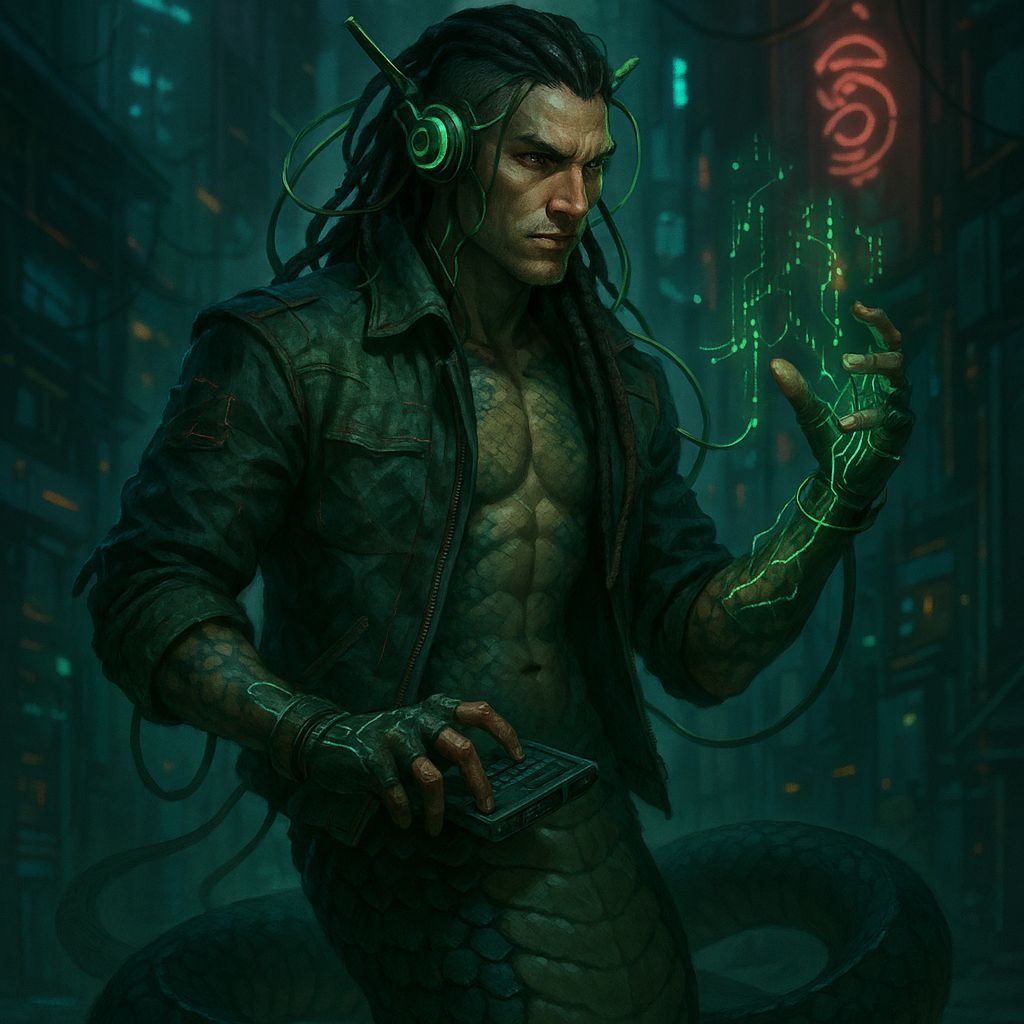 Shadowrun Male Naga Technomancer in Cyberpunk Style