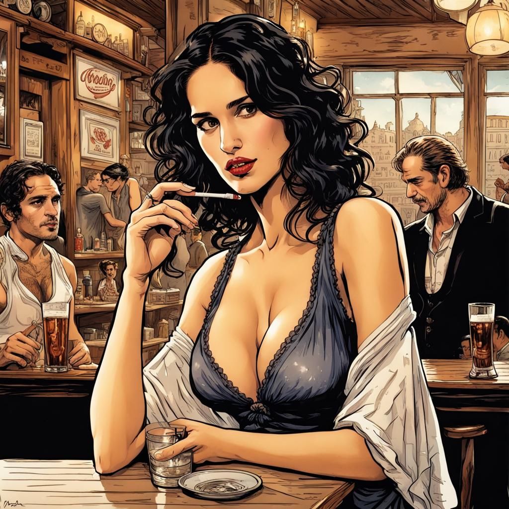 Dark Fantasy Tavern Scene in Black Ink Comic Style