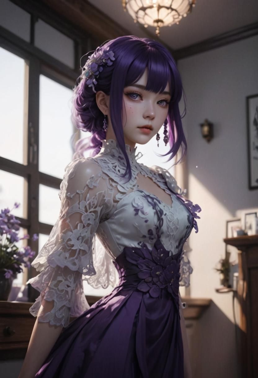 Anime Woman with Purple Hair in Baroque Style