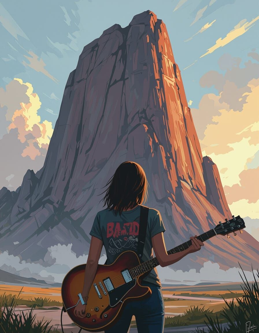 Woman with Guitar and Rock Formation