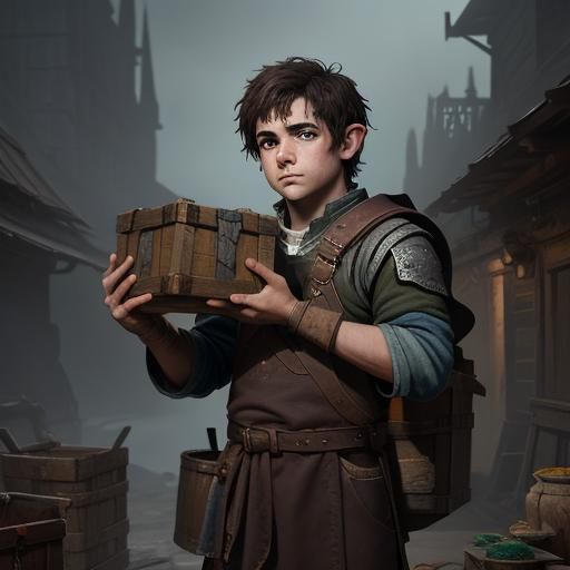 Halfling Shopkeeper with Crate, Fantasy Concept Art