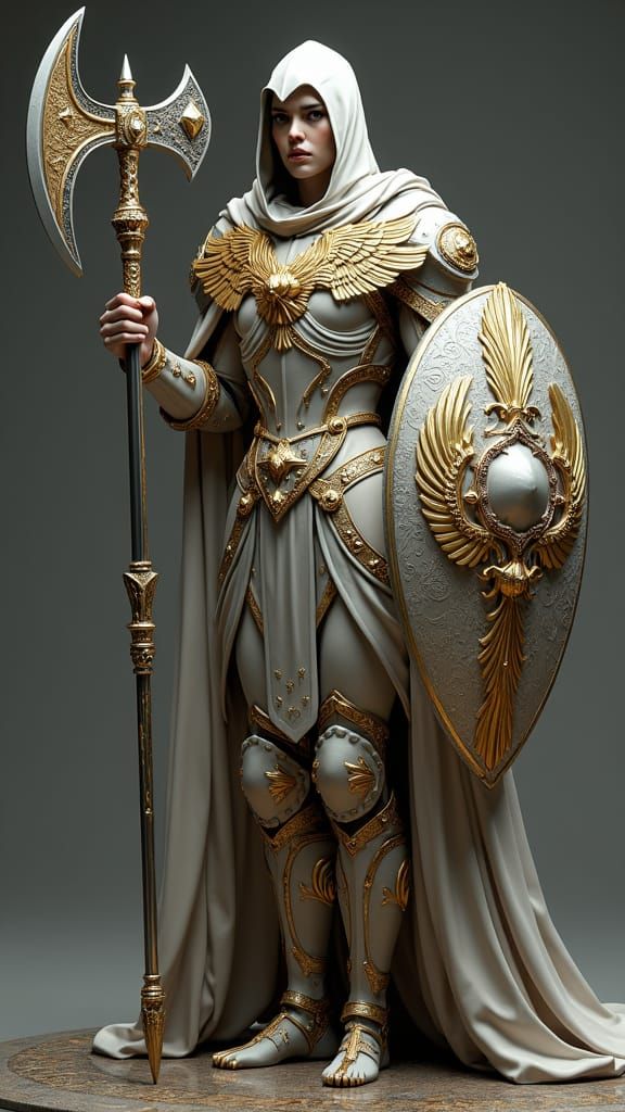 Ethereal Assassin in Intricate Armor with Eagle Shield