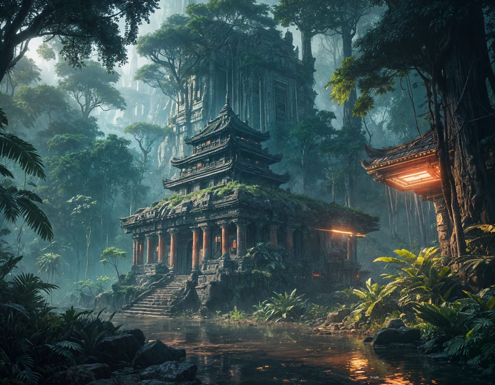 Majestic Temple in Rainforest: Cyberpunk Double Exposure