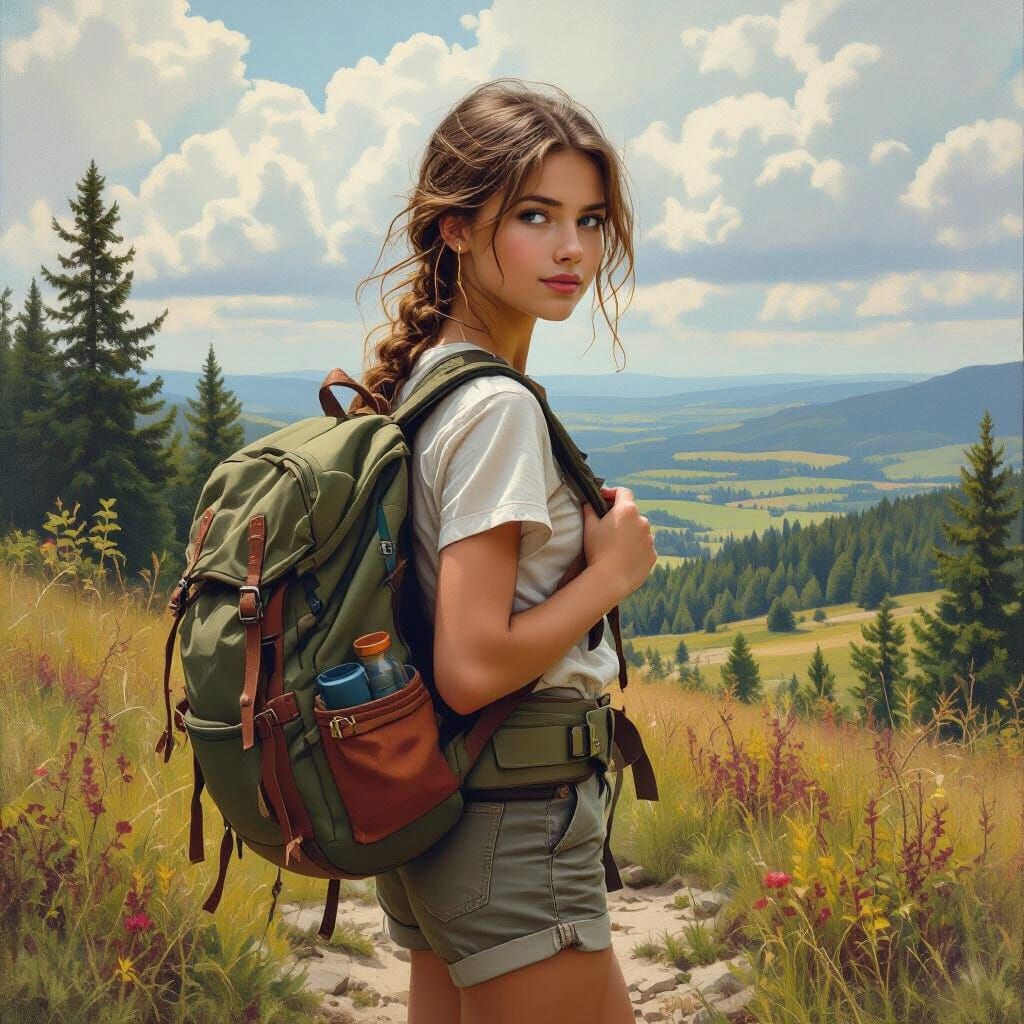 Girl Hiking in Nature in Landscape Realism Style