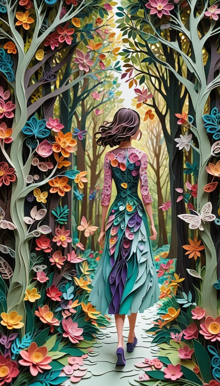 Woman on Forest Path in Cut Paper Art Style