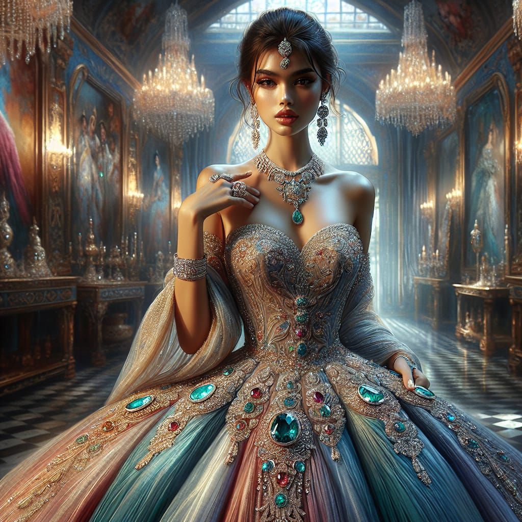 Glamorous Woman in Gown with Jewels, as Concept Art