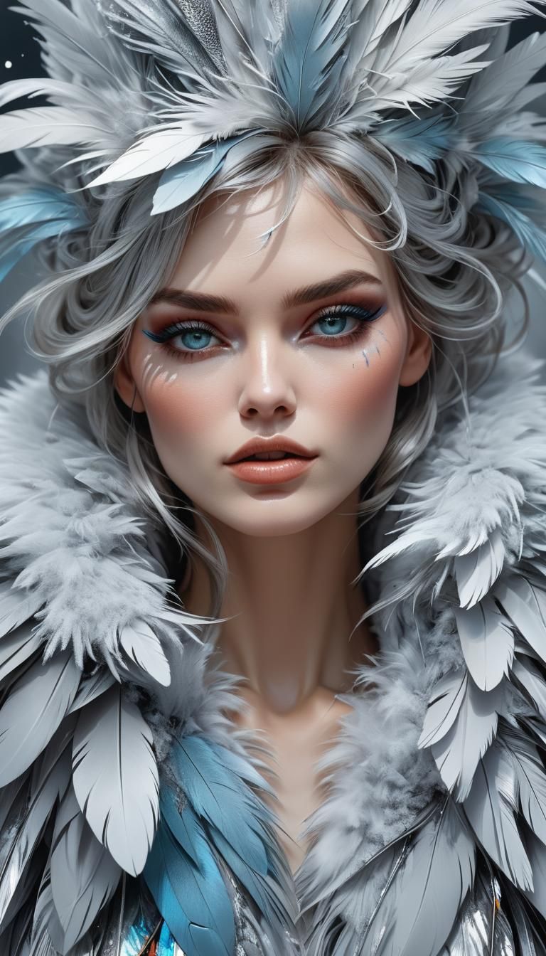 Winter Portrait of Woman with Silver Feathers, Art Nouveau