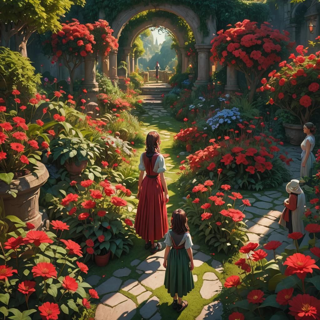 Fantasy Garden Girl Surrounded by Red Flowers