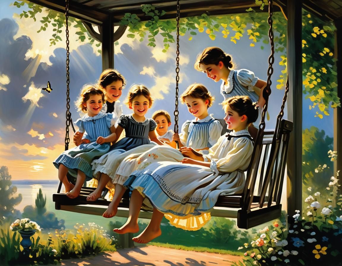 Siblings Laughing in Evening Light, Impressionistic Style