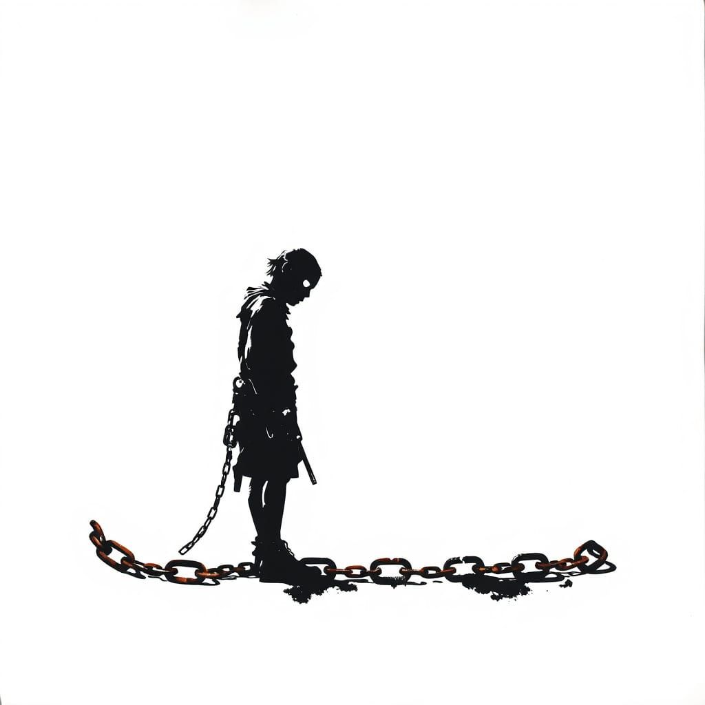 Oppressed Figure in Chains Silhouette Against White