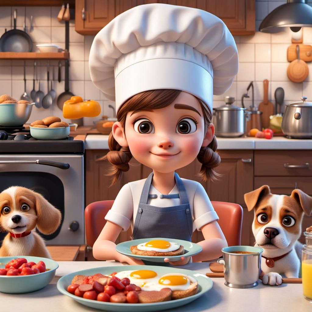 Disney Pixar style 3D adorable little girl, cute expression of concentration on her face, wearing a chef’s hat, making b...
