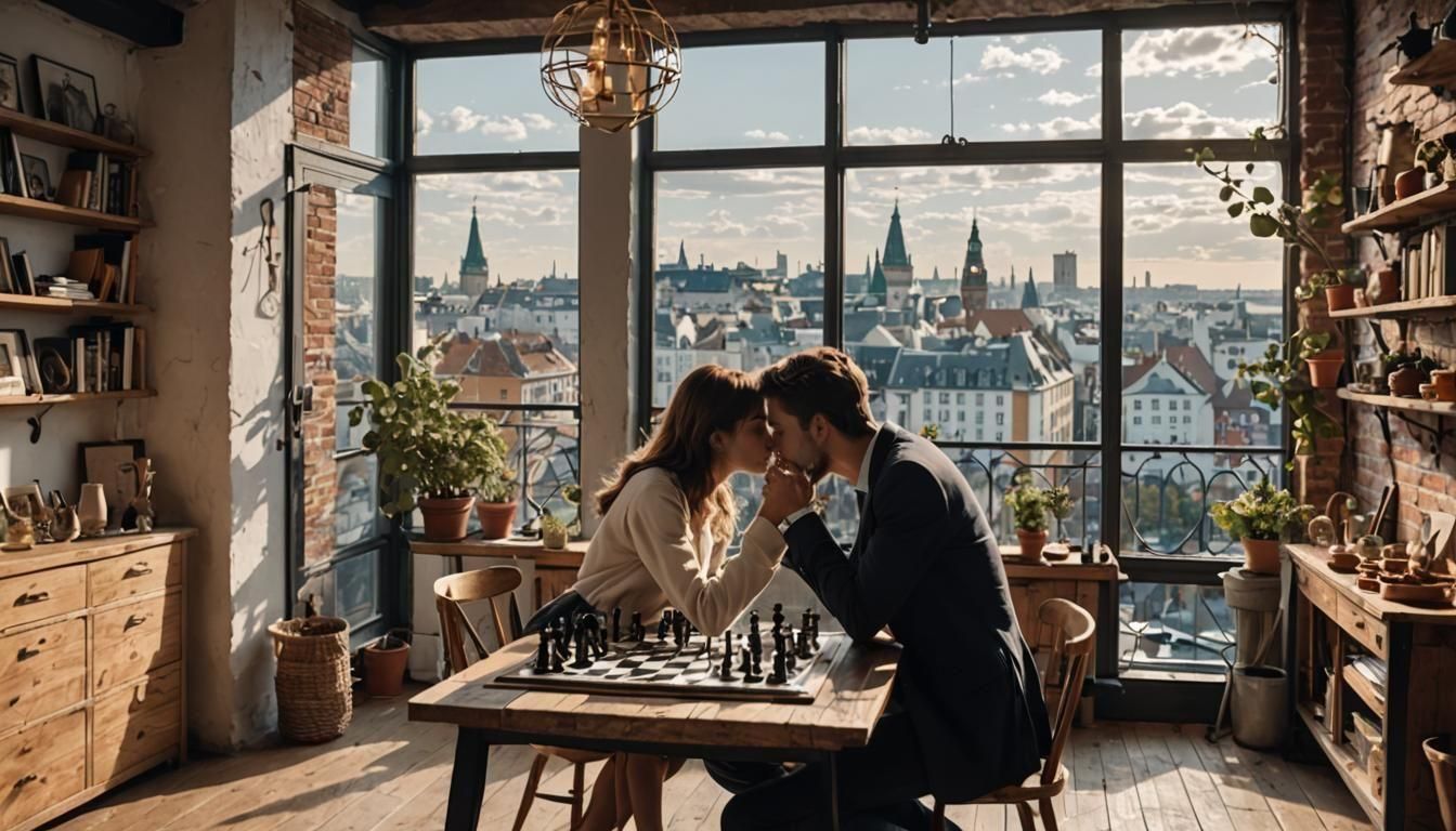 Romantic Loft Kiss with Falling Chessboard