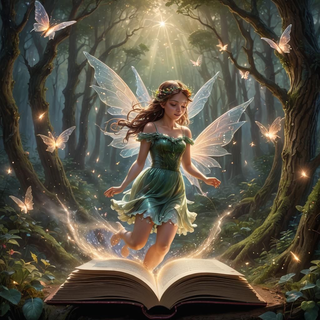 Fairy Emerges from Book in Magical Forest