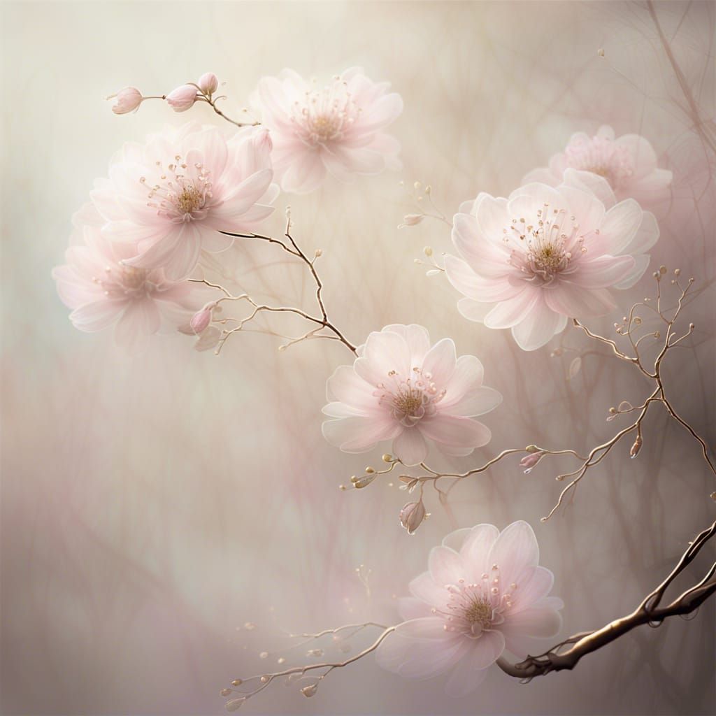 Ethereal Pink Flower Blossoms in Gilded Mist