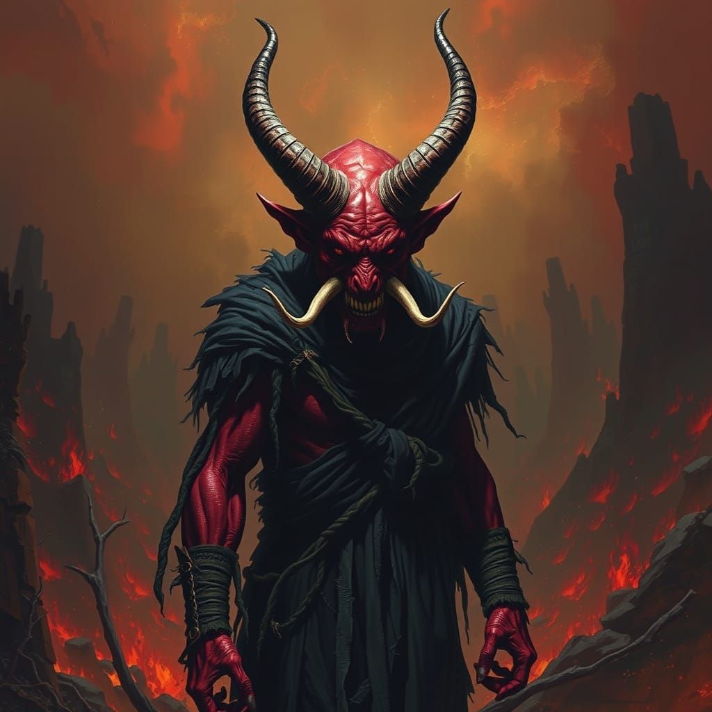Menacing Red Oni in Hellish Landscape