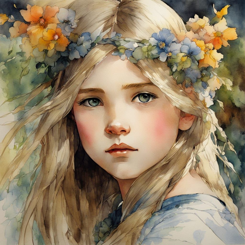 Watercolor Portrait of Blonde Girl in Anime Style