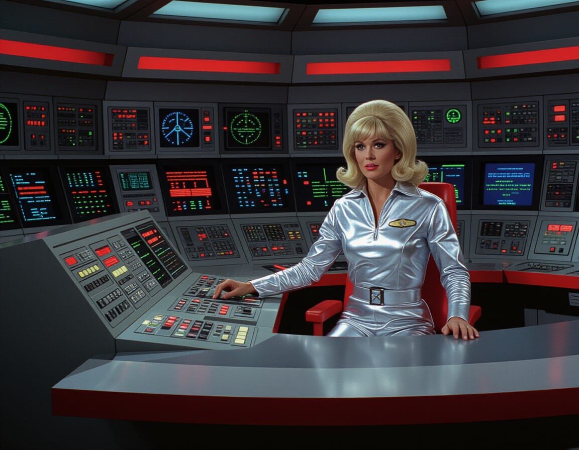 Glamorous Space Captain Commands Retro Bridge