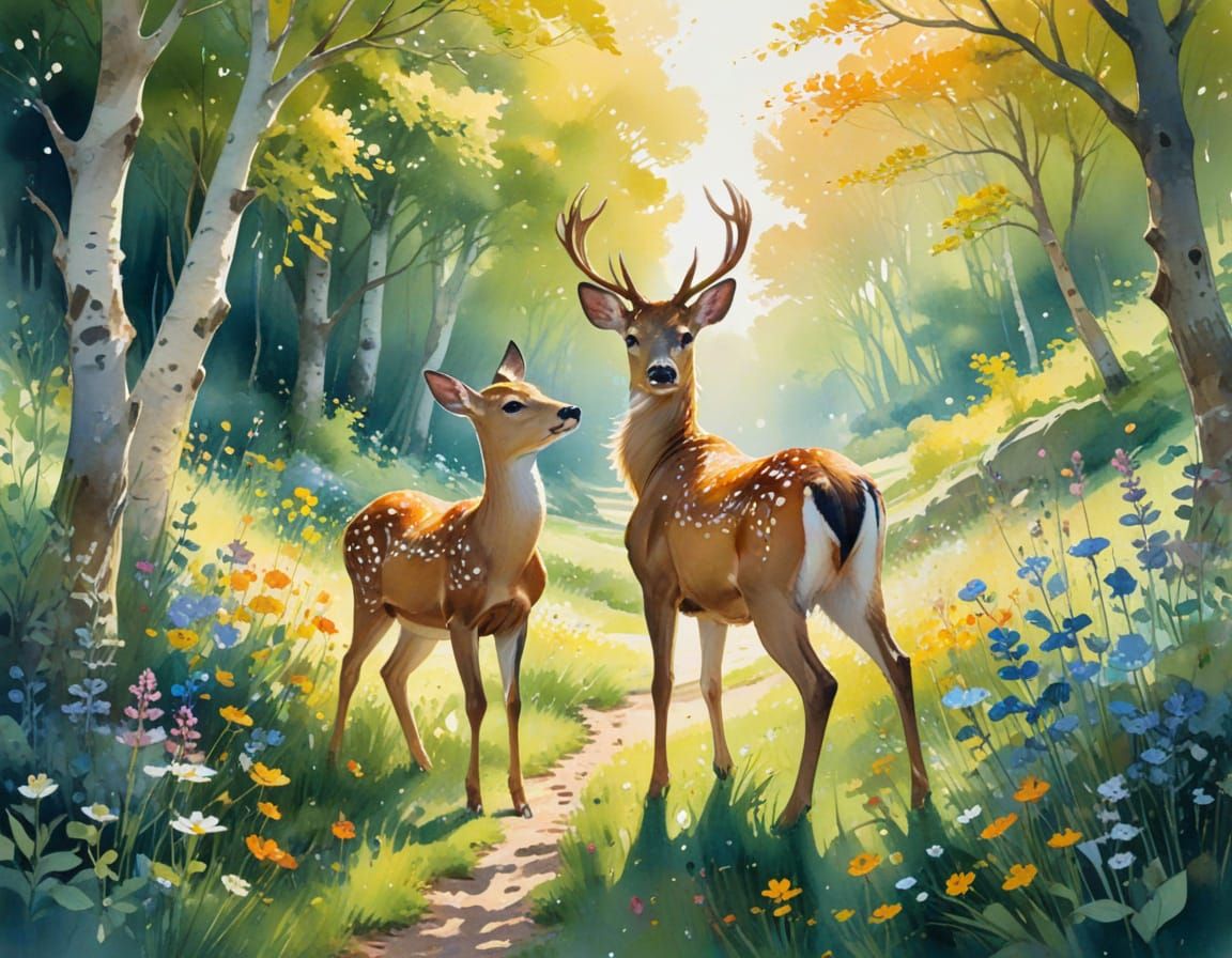 Deer in Sun-Dappled Meadow: Avant-Garde Watercolor