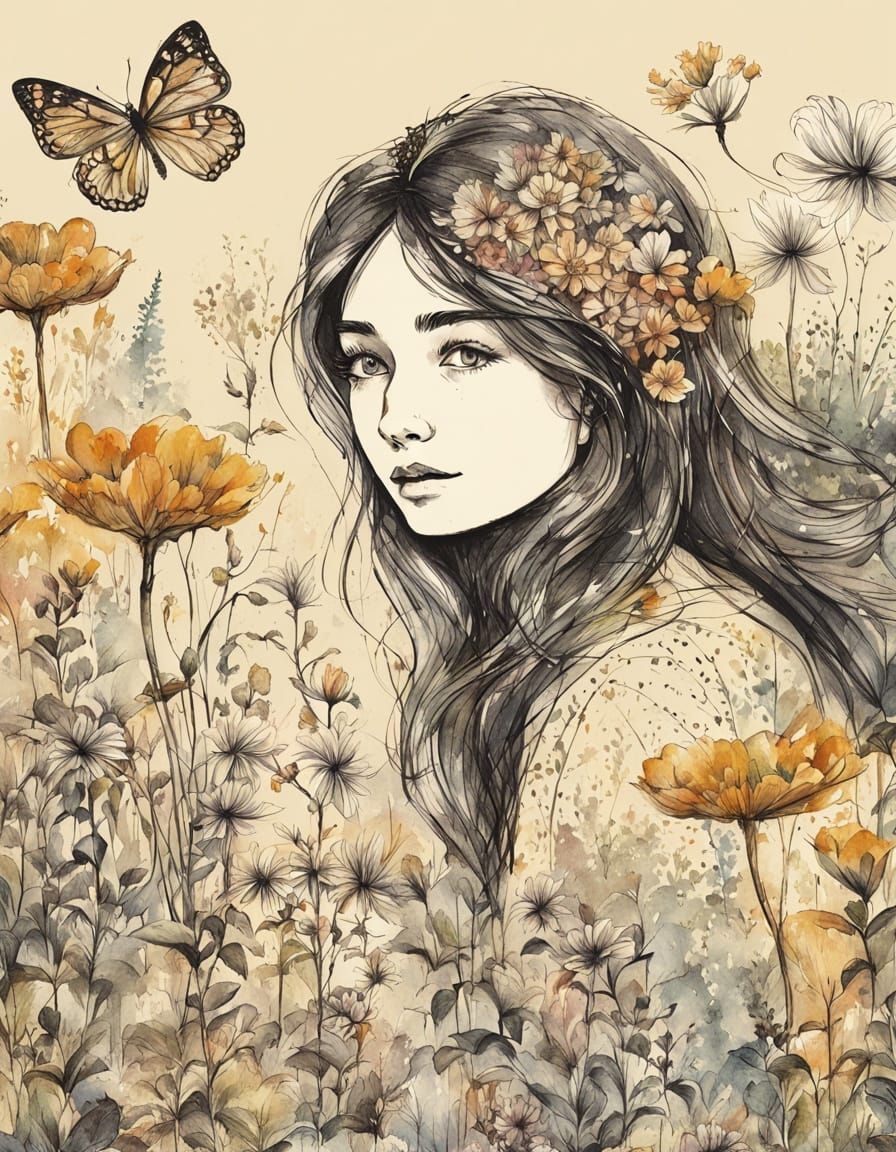 Whimsical Garden Girl in Vintage Illustration Style