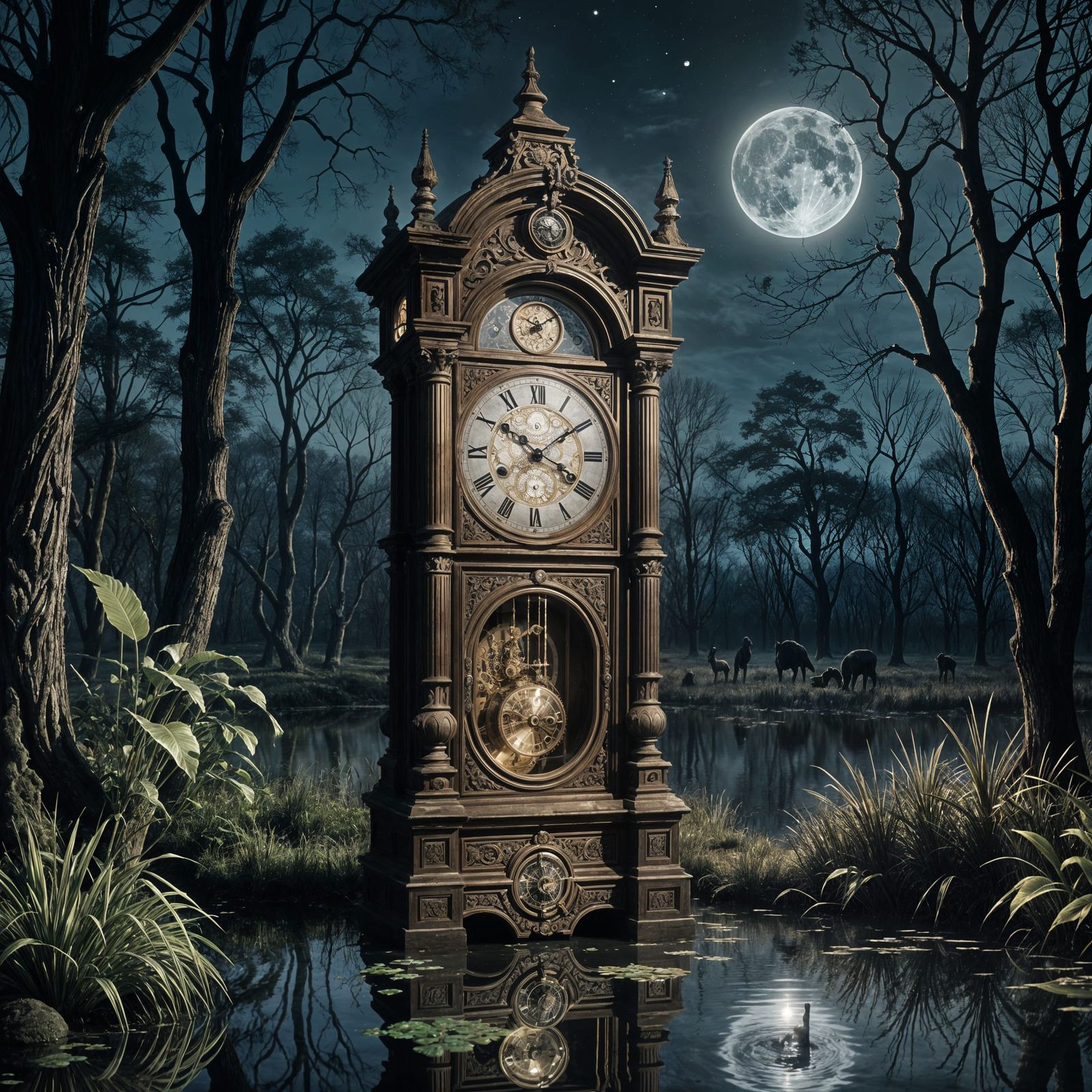 Ancient Clock Emerges from Swamp at Night