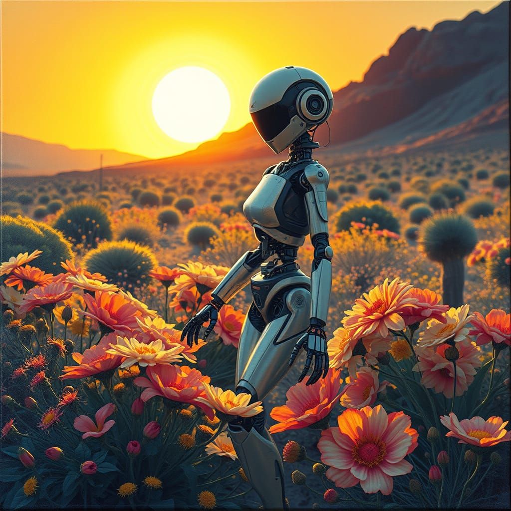 Surreal Robot Wades Through Desert Blooms in Action Painting...