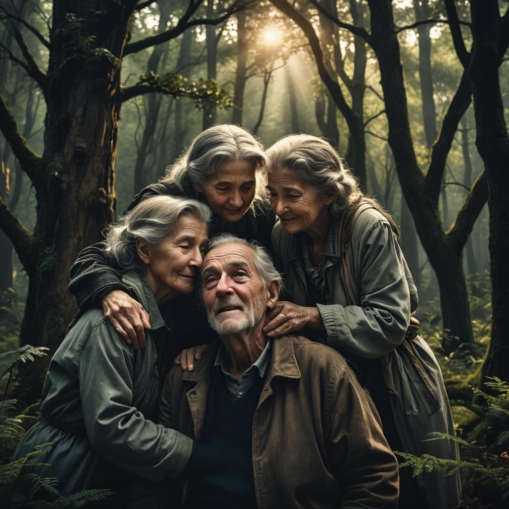 Old Man Comforted in Forest: Fantasy Concept Art