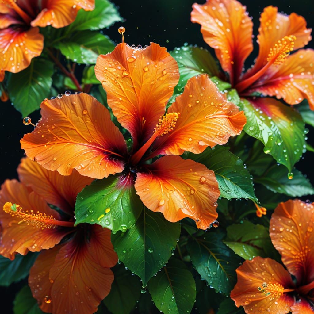 Sparkling Neon Hibiscus Flowers in Digital Art