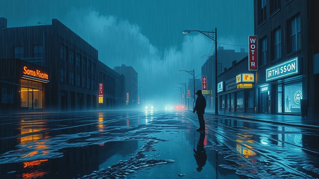 Rainy Night Street Scene with Tilting Sky