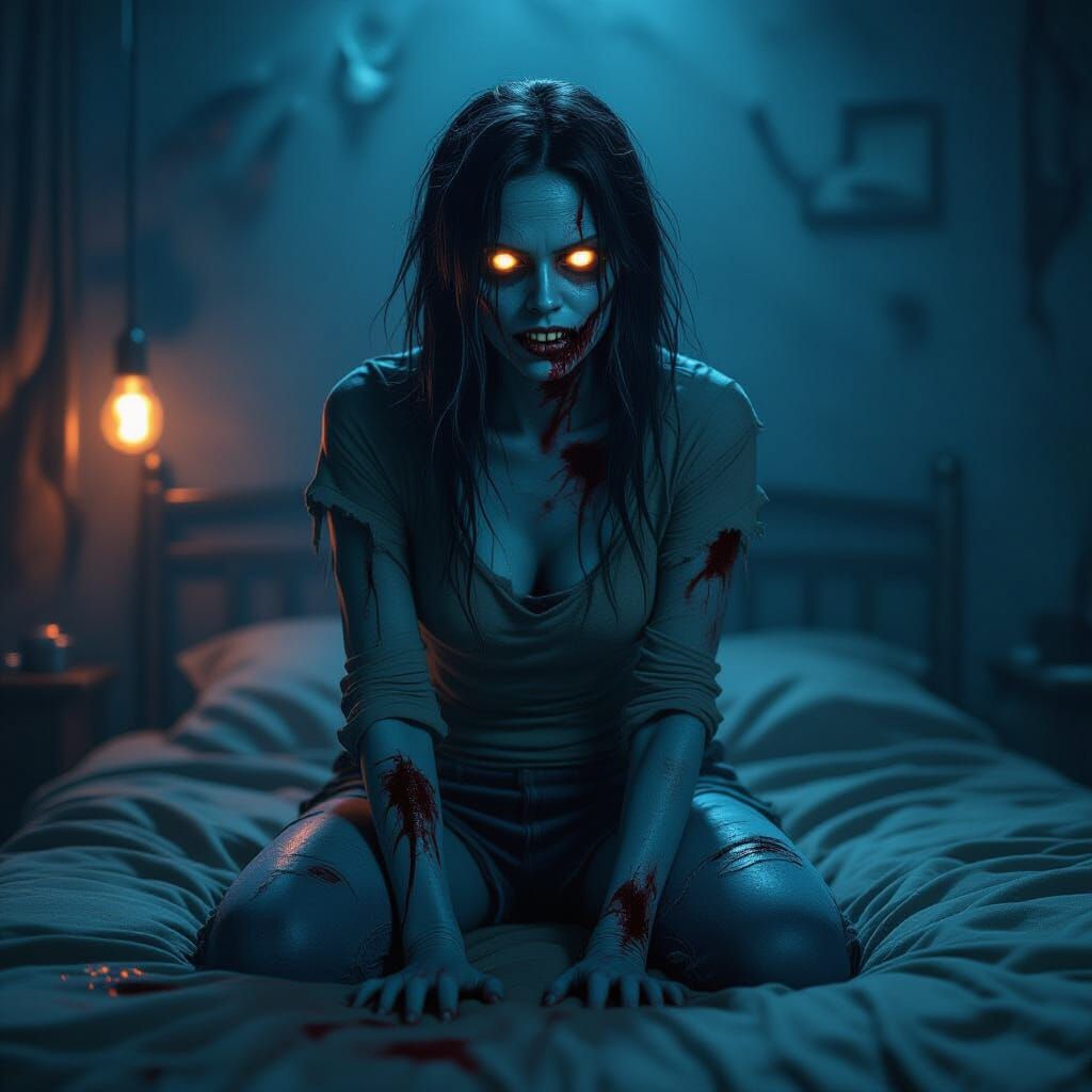 Cinematic Blue Zombie in Eerie Room