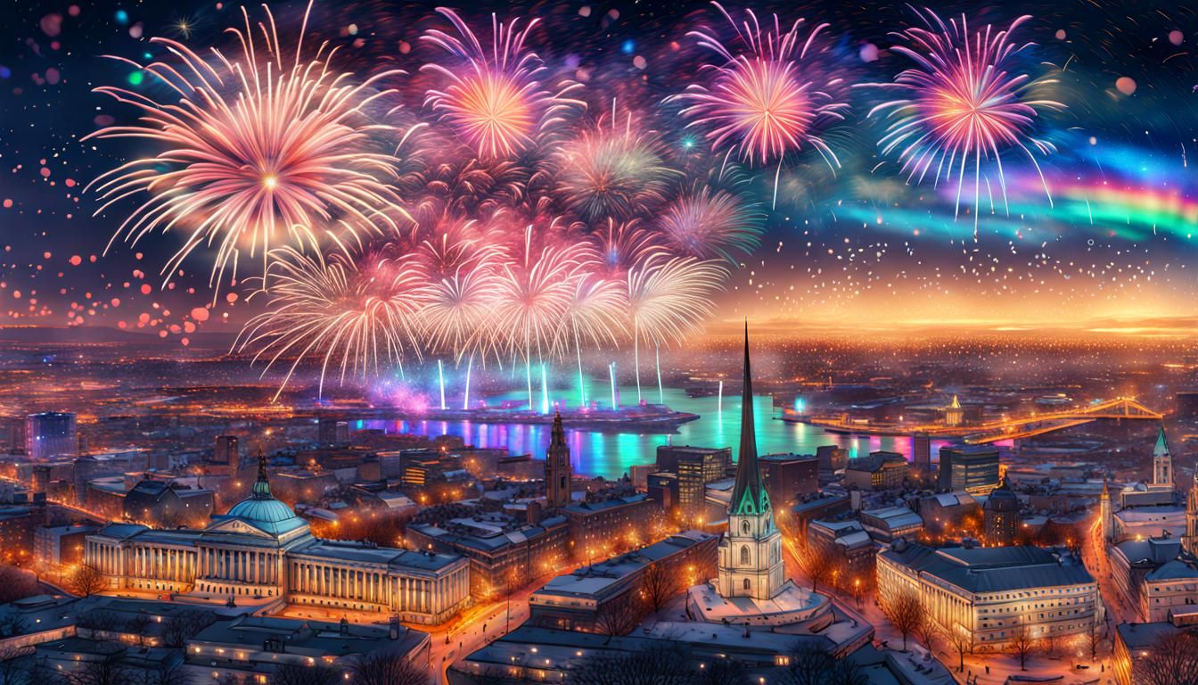 New Year's Eve Fireworks Over Belfast: Cosmic Illustration