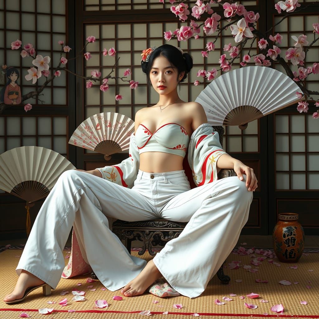 Geisha in Modern Attire with Cherry Blossoms