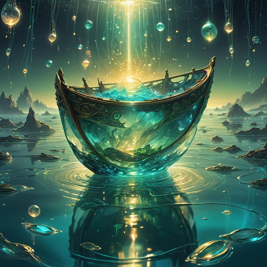 Glowing Boat on Radiant Sea in Glass Vessel